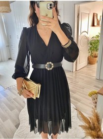 Resim Kadın Şifon Kumaş Astalı Kloş Kesim Kruvaze Yaka Midi Boy Elbise Karışık 