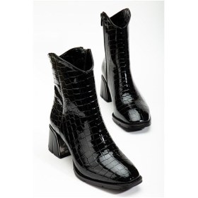 Resim Kadın Topuklu Bot Siyah Rugan Kroko Baskılı Klasik Vardola Taban-3186 Siyah 
