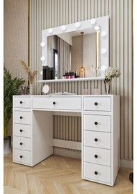 Resim Ases Mobilya Asl52 Hollywood Işıklı Makyaj Masası Bol Çekmeceli Modern Tasarım Beyaz Beyaz 