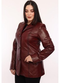 Resim Hakiki Kuzu Derisi Blazer Düğmeli Kadın Ceket Bordo Bordo 