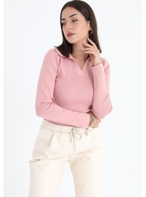 Resim Uzun Kol Polo Yaka Triko - Pudra - Kadın 