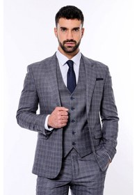 Resim Wessi Ekose Desenli Yelekli Slim Fit Lacivert Takım Elbise Lacivert 