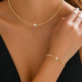 Resim 1 set/2 parça minimalist niş paslanmaz çelik altın kaplama tek bileklik ve kolye takı seti, davetler, törenler, partiler veya hediye için. 18K altın kaplama, hipoalerjenik, yüksek kaliteli şık Fransız tarzı hafif lüks aksesuar 