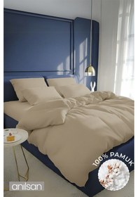 Resim Düz Lila Tek Kişilik Lastikli Çarşaf Düğmeli Nevresim Takım %100 Pamuk 1 Adet Yastık Kılıf, 63tel Bej 