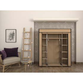 Resim Burak Plastik Profilli Çift Yandan Raflı Bej Bez Dolap Gardrop 