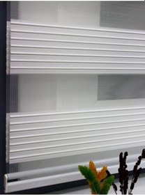 Resim Ekru Beyaz Geniş Plise Eteği Düz Stor Zebra Güneşlik Perde Alüminyum Kasa, Metal Ayak Mat Beyaz 