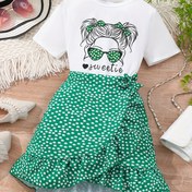 Resim Kız Çocukları İçin Kısa Kollu T-Shirt ve Etek Takımı - "Sevimli" Kurdele Tasarımı, Siyah ve Beyaz Polka Dots Etek, Gençler İçin Rahat Yazlık Kıyafet, Oynak Saç Kurdelesi İllüstrasyonu, Hafif Polyester Karışımı, Rahat Kıyafet | Oynak Tasarım | Kurdele Detayı, Sevimli Kıyafet 