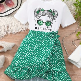 Resim Kız Çocukları İçin Kısa Kollu T-Shirt ve Etek Takımı - "Sevimli" Kurdele Tasarımı, Siyah ve Beyaz Polka Dots Etek, Gençler İçin Rahat Yazlık Kıyafet, Oynak Saç Kurdelesi İllüstrasyonu, Hafif Polyester Karışımı, Rahat Kıyafet | Oynak Tasarım | Kurdele Detayı, Sevimli Kıyafet 