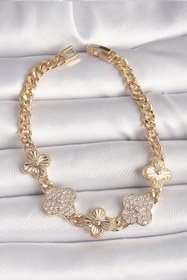 Resim BURCU MODA Pirinç Gold Renk Zirkon Taşlı Yonca Model Kadın Bileklik 