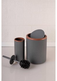 Resim Ahşap Desenli Sallanır Kapak Çizgili Banyo Çöp Kovası Fırça Seti Gri 