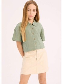 Resim DeFacto Kız Çocuk Cropped Fit Keten Kısa Kollu Gömlek D9143A825SMGN1107 