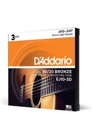 Resim Daddario D’Addario EJ10-3D Akustik Gitar Tel Seti 3’lü Paket 10-47 80/20 Bronze Extra Light 