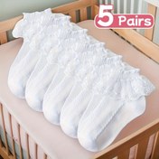 Resim 5 Çift Kızlar İçin Beyaz Dantel Ayak Bileği Çorabı - Yumuşak ve Nefes Alabilen Polyester-Spandex Karışımı, Prenses Tarzı Dantel Detay, Tüm Mevsimler İçin Konfor, Bale ve Günlük Giyim İçin Mükemmel, Bale Çorapları, Zarif Ayakkabı, Nazik Dantel Detay 