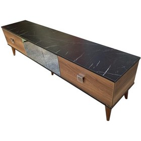 Resim Evimeaksesuar Şömineli Tv Sehpası Özel Yapım-Cevize Siyah Mermer - 192Cm 