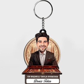 Resim Hediyelik - Erkek Tavla Oyuncusu Karikatürlü Anahtarlık 