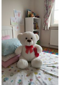 Resim Kırmızı Kurdeleli Ve Kalpli Yumuşacık Sevimli Beyaz Ayıcık 35 Cm Uyku Arkadaşı Çok Renkli 