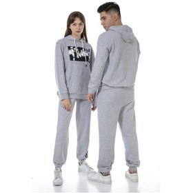 Resim Unisex Anime Baskılı 3 İplik Kapüşonlu Eşofman Takımı Gri 