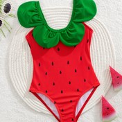 Resim Sevimli Çilek Desenli Yaka Fırfır Detaylı Hızlı Kuruyan Yüksek Esneklik Moda Kız Mayo 