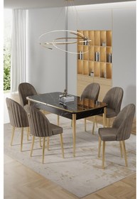 Resim Canisa Rada Serisi 80x132 Açılabilir Lak Panel Siyah Mermer Desen Masa 6 Cappucino Sandalye Gold Detay Masa Siyah Mermer Sandalye Capppucino Gold Ayak 