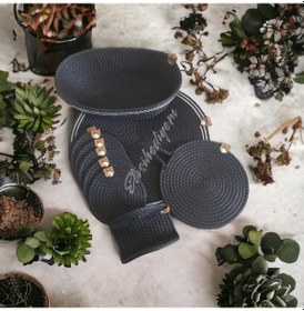 Resim Yıkanabilir Amerikan Servis Takımı 6'lı+ekmek Sepeti+bardaklık Siyah Beyaz 