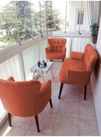 Resim Çay Seti Koltuk Takımı - Düz Renk - Ahşap Ayak - Babyface Kumaş - Turuncu 