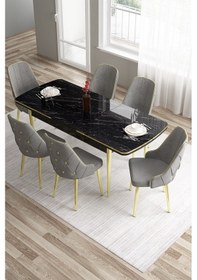 Resim Canisa Tia Serisi 80x132 Açılabilir Mdf Siyah Mermer Desen Mutfak Masası Ve 6 Gri Sandalye Masa Siyah Mermer Desen Sandalye Gri 