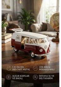 Resim 1:32 Ölçek Metal Çek Bırak Nostaljik Volkswagen T1 Minibüs Vosvos Oyuncak Araba - Bordo 13 Cm 
