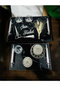 Resim Vow Siyah Desenli Söz Tepsisi Ve Damat Kahve Fincanı Siyah Siyah 