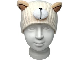 Resim Spteks Kız Çocuk Pofuduk Ayıcık Maskot ve Figürlü Krem Renk Yün Örgü Saç Bandı Bandana 