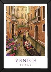 Resim Venice Italy Travel Poster - Gondola Canal Romantic Wall Art Print - Wooden Frame - White / 24 x 36" (60x90 cm) 
