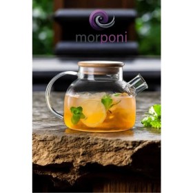 Resim Mediterian Bambu Kapaklı 1000 ml Şeffaf Cam Çay Demliği, Isıya Dayanıklı ve Şık Tasarım 