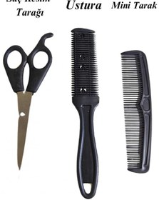 Resim Vi Caro 3'lü Kuaför Seti Saç Kesim Makası Ustura Mini Tarak 