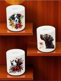 Resim Köpek ve Çiçek Deseni Baskılı 3'lü Seramik Kumbara 