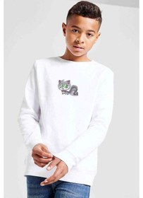 Resim Kedi Hulahop Baskılı Unisex Çocuk Beyaz Sweatshirt Beyaz 
