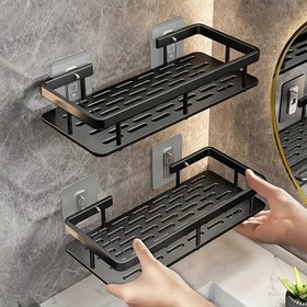 Resim 2 adet Deliksiz Banyo Depolama Rafları Seti, Su Geçirmez Banyo Yapışkanlı Raflar, Şampuan ve Duş Jeli Tutucu, Çok Fonksiyonlu Alüminyum Paslanmaz Asılı Raflar, Depolama Rafları, Duş Sepetleri (Siyah/Gümüş), Duş Sepetleri 