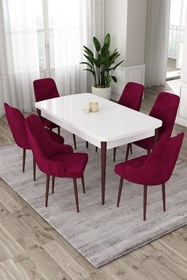 Resim Canisa Eta Serisi, Beyaz Masa Kahve Ayak Açılabilir 80x132 Mdf Yemek Masası Takımı, 6 Mürdüm Sandalye 
