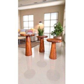 Resim Ahşap Mantar Sehpa 3lü Fındık Renk Doğal Zigon Fiskos 