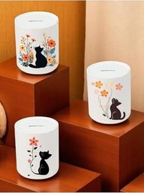 Resim Kedi ve Çiçek Deseni Baskılı 3'lü Seramik Kumbara 
