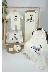 Resim Gros Shop Müslin Yeni Doğan 4katlı Organik %100pamuk Kişiye Özgü Nakışlı Hastane Çıkış Seti Balonlu Aslan-4 Ekru-1 