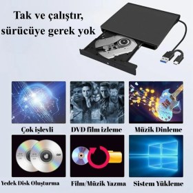 Resim Multizone USB 3.0 Type-C Harici DVD Rw Yazıcı Okuyucu Ultra Ince Taşınabilir CD DVD Sürücü 