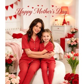 Resim NiCe İç Giyim Anne & Kız Kombin Pijama Takım Milan Kumaş Mevsimlik Kırmızı Renk Kalp Desen Gömlek Yaka (Ayrı Satılır) 