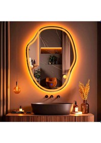 Resim Zelvora Amber Led'li Lazer Kumlamalı Lavabo & Banyo Aynası Dokunmatik Sensörlü 80 X 60 Turuncu 