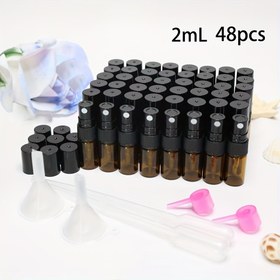 Resim 48 Adet + Ücretsiz Aksesuarlar, Kehribar Sprey Şişeler, Kahverengi Cam Parfüm Dağıtıcılar, Esans, Kokular ve Esansiyel Yağlar için Mini Taşınabilir Yeniden Doldurulabilir Kaplar, Seyahat Gereçleri 