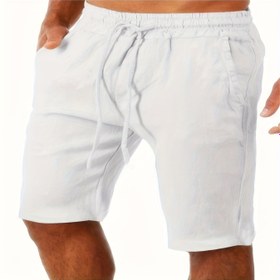 Resim Erkek Hafif Keten Şort - Günlük Yaz Plaj ve Golf Şortları, Bağcıklı Bel, Bol Kesim, Katı Bej, Esnemez Kumaş, Açık Hava Aktiviteleri, Tatil ve Günlük Giyim İçin Mükemmel, Tatil Giyim | Bol Kesim Şortlar | Dokuma Kumaş Şortlar 