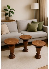 Resim Doğal Ahşap Mantar Sehpa 3 Lü Set Fındık Renk Zarif Zigon Takımı Kahverengi 