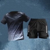Resim 2 parça set, kısa kollu + sıkı çift katmanlı pantolon, utanç önleyici spor, yüzme, fitness üstü, her mevsim için evrensel 