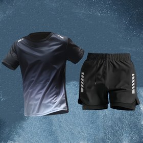 Resim 2 parça set, kısa kollu + sıkı çift katmanlı pantolon, utanç önleyici spor, yüzme, fitness üstü, her mevsim için evrensel 