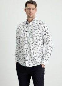 Resim Koyu Lacivert Uzun Kol Slim Fit Keten Görünümlü Baskılı Pamuk Gömlek 