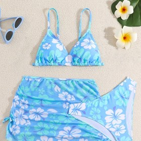 Resim 3 adet Genç Kızlar için Bikini Mayo, Kapak Etekli Yüzme Kıyafeti, Çocuklar Sevimli Çiçek Desenli Mayo Moda Hawai Stili Plaj Giyimi Hızlı Kuruyan Plaj Yüzme Kostümü 13-16 Yaş 