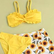 Resim Çocuklar için 3 Parça Mayo Seti - Güneş Çiçeği Baskılı, Yüksek Esnek Polyester, Asimetrik Tasarım, Ruffle Detay, Gençler için Mükemmel, Plaj Tatilleri 